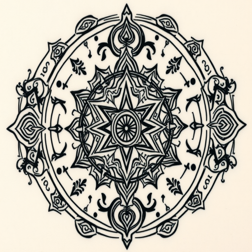 Ornamental blackwork tattoo named "Sacred Geometry" showcasing intricate patterns inspired by ancient symbols and mathematical concepts, known for its symmetrical designs and spiritual significance
