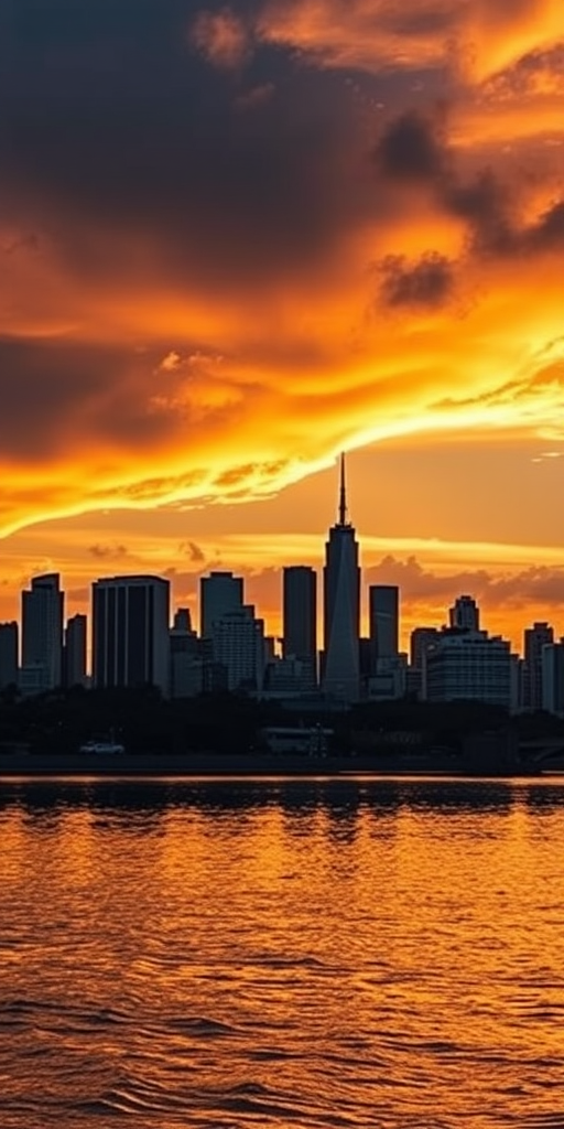 Capture a dramatic sunset over a city skyline with reflections on calm water, using a Canon EOS R5 with a 24-70mm f/2.8 lens, aperture set to f/8, ISO 100, shutter speed of 1/60s, in landscape orientation, HDR style for enhanced dynamic range.