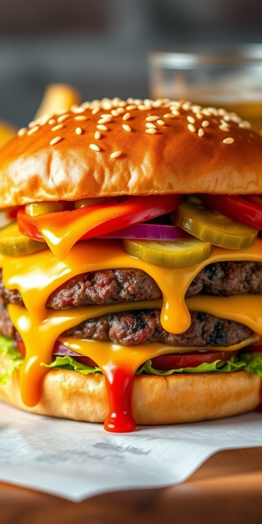 High-resolution, close-up image of a gourmet double cheeseburger. The burger features a glossy, sesame-seed-topped brioche bun. Inside, there are two thick, juicy beef patties, each topped with melted cheddar cheese. The burger is garnished with fresh lettuce, tomato slices, diced onions, and pickles. A generous amount of ketchup and a creamy, orange-colored sauce is dripping down the sides, adding to the mouth-watering appeal. In the background, there are blurred elements including a side of golden French fries and a hint of a beverage, enhancing the overall presentation of a delicious meal.