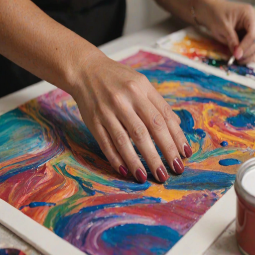 Close-up of a woman's hands painting a canvas, vibrant colors blending together, her focused expression highlighting the passion for her craft.