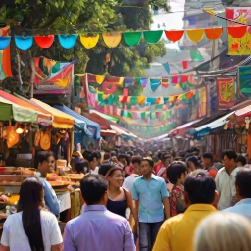 Vibrant street filled with colorful food stalls during a cultural festival, with people enjoying various cuisines, cheerful music playing in the background, and decorations adorning the street.