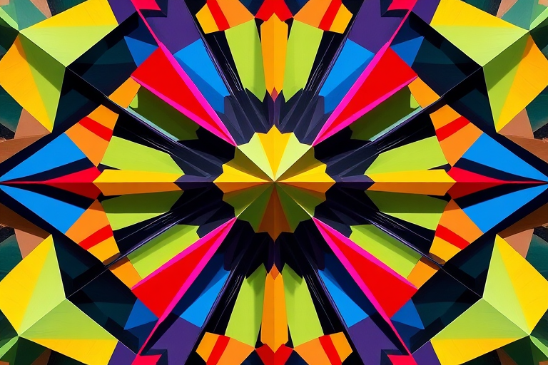 Generate an abstract geometric design with sharp angles and vibrant colors, using a Canon EOS R5 camera with a 50mm lens, aperture set to f/1.8, ISO 100, shot in natural daylight to enhance clarity and contrast.