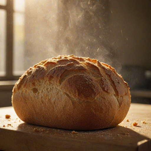 Sharp, high-resolution close-up of a freshly baked loaf of bread, golden crust crackling under the light, soft steam rising from a slice, the smell of warm dough filling the air, sunlight streaming through a nearby window.