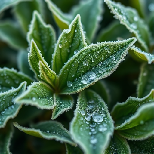close-up of frosted green leaves with morning dew, 50mm lens, f/2.8 aperture, ISO 200, 1/200 sec shutter speed, shallow depth of field, natural light, DSLR camera