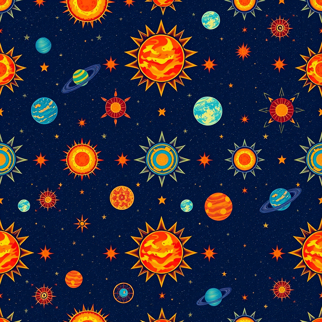 Create a repeating pattern of suns, planets, and stars on a deep blue background, digitally illustrated with vibrant colors and clear details, captured with a DSLR camera at f/8, ISO 100, and a wide-angle lens to enhance image quality.
