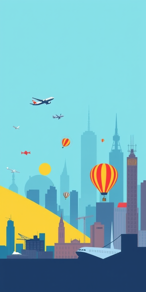 Create a minimalist illustration of a city skyline with geometric shapes in blue, yellow, and red, incorporating various transport and communication elements like airplanes, satellites, and hot air balloons, captured with a DSLR camera at f/8 aperture, 50mm lens, and a bright afternoon light to enhance clarity and contrast.