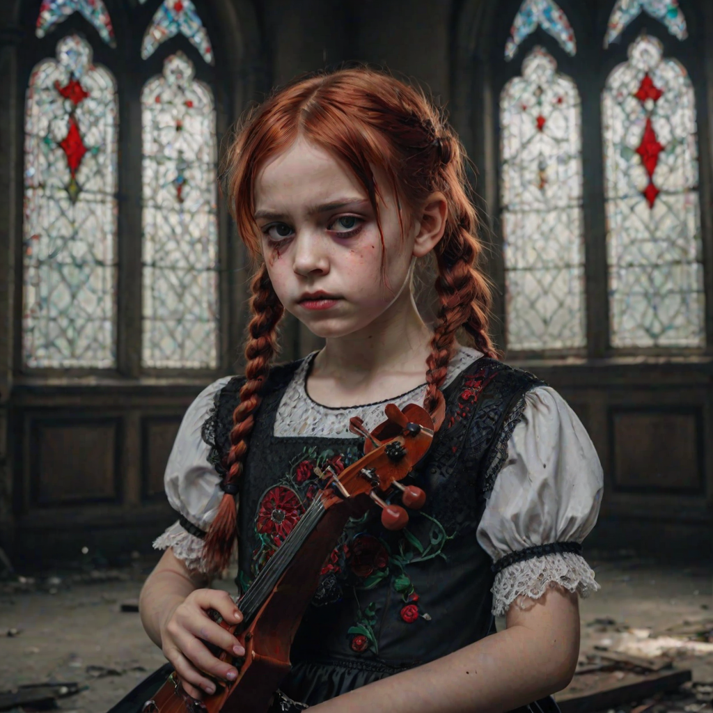 Close up realistic photo of a sad gothic little girl playing (instrument), red hair messy pigtails, black lace white dress with red detailed embroidery, abandoned gothic room with stained glass, closed eyes, horror cinematic lighting, dark fantasy, 4k, hdr,  uhd, detailed dress