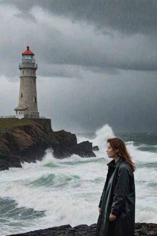 Old lighthouse on a rocky coastline, waves crashing against the shore, a woman in a raincoat stands at the base of the lighthouse, her hand shielding her eyes as she looks out over the stormy sea.