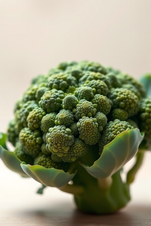 Generate a high-resolution illustration of a broccoli, viewed from a slightly elevated angle, using a digital art style, with settings at 300 DPI and a wide aperture to create a soft background blur, emulating a professional DSLR camera setup.