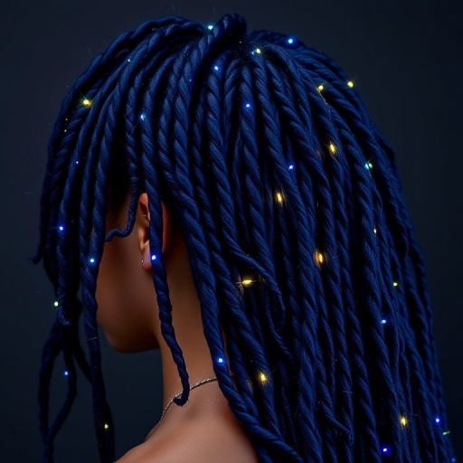 Dramatic midnight blue dreadlocks dubbed Starry Night adorned with shimmering silver thread and tiny twinkling LED lights woven throughout creating a captivating galaxy-inspired hairstyle