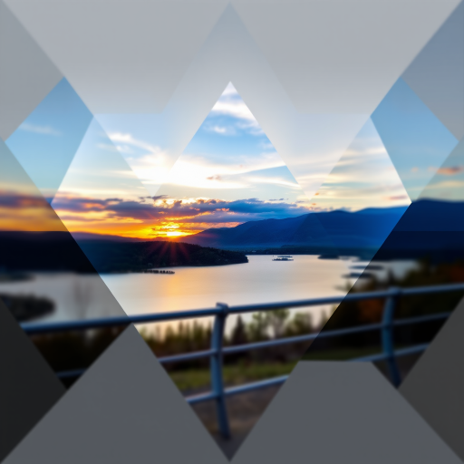 Generate a high-resolution abstract geometric landscape image of a sunset over a lake with a railing in the foreground, using a Canon EOS R5 camera, f/8 aperture, ISO 100, 24mm focal length, shot from eye level, and in HDR style.