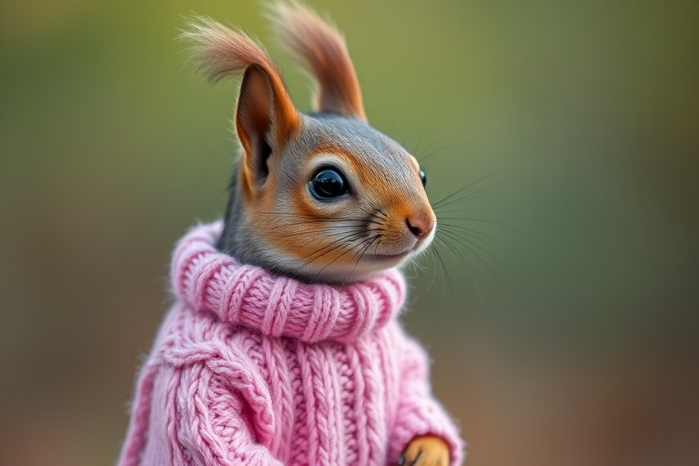 A cute squirrel wearing a pink knitted sweater, standing upright, with a soft focus background, captured with a Canon EOS R5, 85mm lens, f/1.8 aperture, ISO 100, natural lighting, portrait style.