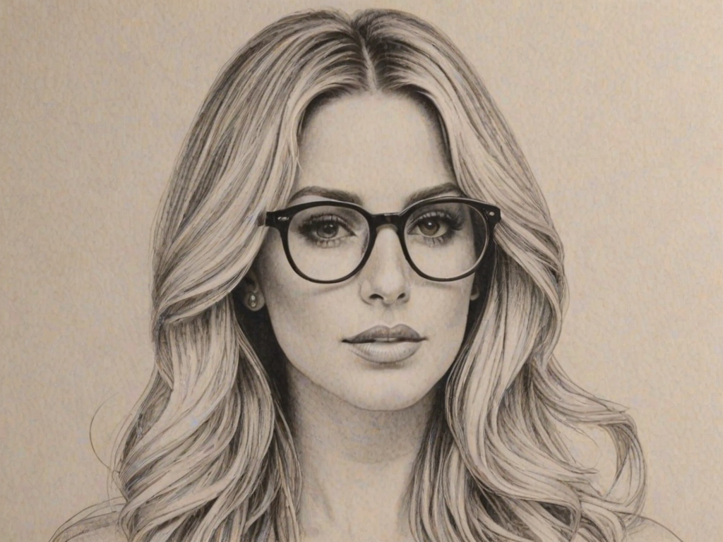 Sublime Kim Zolciak, pencil sketch, portrait of Graceful woman 1969s in glasses, hair style beatnik, outline, clear lines, fine lines, 8k