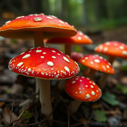 regenerate an image of vibrant red mushrooms with white spots in a forest setting, camera settings: f/2.8, ISO 100, shutter speed 1/200s, camera view: close-up, camera style: natural light, camera type: DSLR