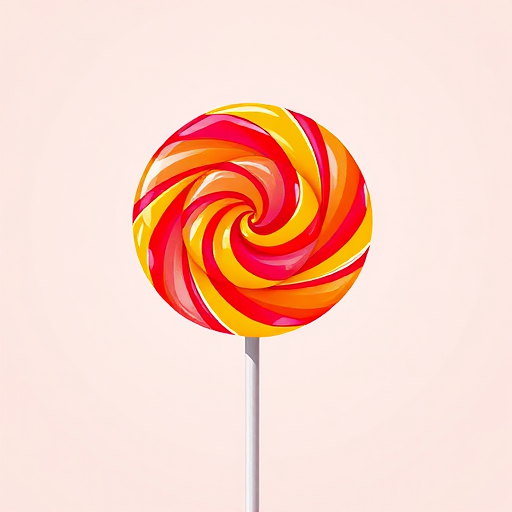 Create a vibrant illustration of a colorful lollipop with red and orange hues, using a DSLR camera with a 50mm lens, aperture set to f/2.8, ISO 100, focused view, natural lighting, and high dynamic range for enhanced image quality.