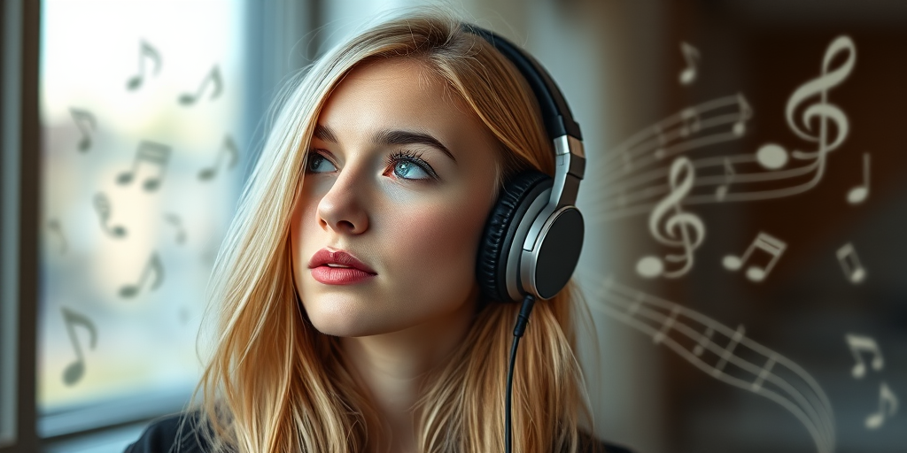 Portrait of a young woman with long blonde hair wearing headphones, looking thoughtfully to the side, with musical notes artistically integrated into the background, shot with a Canon EOS 5D Mark IV, 50mm lens, aperture f/1.8, ISO 100, soft lighting, and shallow depth of field.