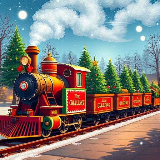 Create an illustration of a festive train with multiple cars including a steam engine, decorated with holiday motifs, transporting Christmas trees, in a bright and cheerful style, using a Canon EOS 5D Mark IV, 50mm lens, f/4 aperture, ISO 100, 1/100s shutter speed, with a vibrant color palette and detailed textures for high-quality output.