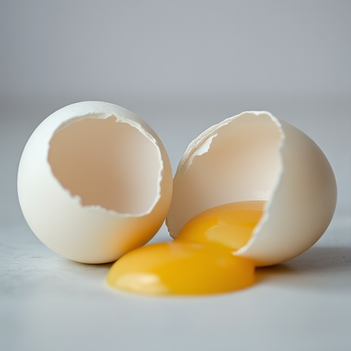 two eggs one cracked showing the inside, soft lighting, macro lens, aperture f/2.8, ISO 100, focal length 60mm, DSLR camera, focus on the eggs with a blurred background