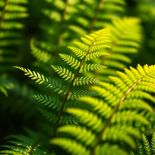 Regenerate a close-up image of green ferns in soft natural light, using a DSLR camera with an aperture of f/2.8, ISO 100, shutter speed of 1/200 sec, and a shallow depth of field for a smooth background blur.