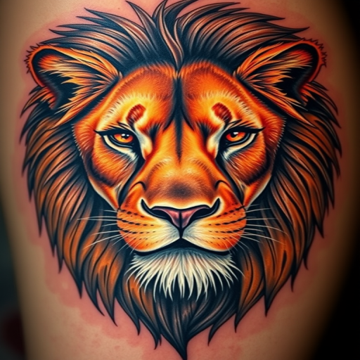 Realistic color portrait tattoo of a majestic lion with piercing eyes and a flowing mane, utilizing hyperrealistic techniques and vivid earth tones, titled "King's Gaze"