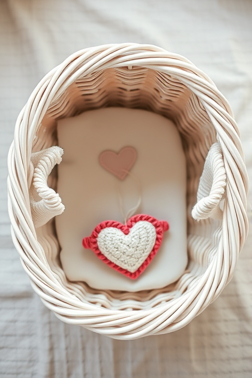 Create a highly detailed image of a white wicker basket with a fabric lining and a cute heart decoration, captured with a Canon EOS R5, 50mm lens, f/1.8 aperture, ISO 100, 1/200 sec shutter speed, natural light, top-down view, soft focus background.