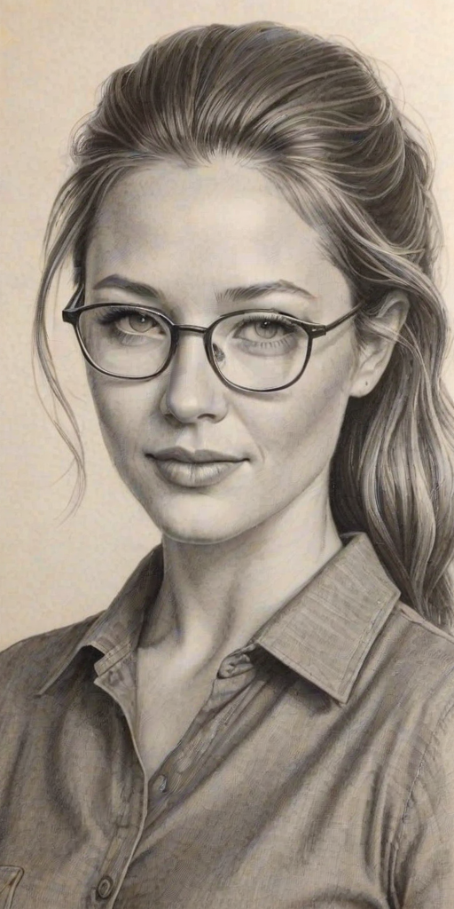 Charming Sarah Roemer, pencil sketch, portrait of Magnificent woman 1954s in glasses, hair style beatnik, outline, clear lines, fine lines, 8k