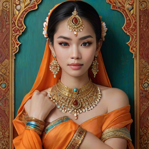 Create a portrait of a beautiful Thai woman with striking orange eyes and a gentle expression. She is adorned in traditional attire with intricate patterns, including a richly embroidered headscarf and matching garments. Her jewelry includes a delicate headpiece, dangling earrings, and ornate bracelets, all featuring vibrant gemstones and detailed metalwork. The background is soft and warm, enhancing the rich colors of her outfit and jewelry.