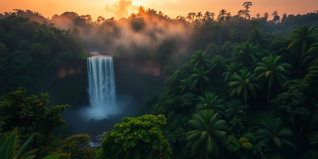 waterfall in a lush tropical rainforest with mist rising, captured at sunrise, using a Canon EOS 5D Mark IV, ISO 100, f/8, 1/125 sec, wide-angle lens, HDR style, soft focus and high dynamic range for enhanced depth and detail
