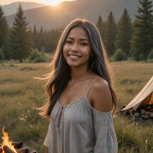 ultrarealistic, beautiful filipino woman, Indian pirouette on her head, gray hair, long straight hair, the sun gently illuminates her hair. Ultrarealistic skin, stands in the meadow, 1 girl, age - about 25 years old, swarthy complexion, ultrarealistic skin, smiles gently, stands near the campfire. She looks sexy