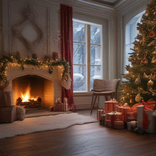 Cozy Winter Scene Featuring a Beautiful Christmas Tree and Warm Fireplace