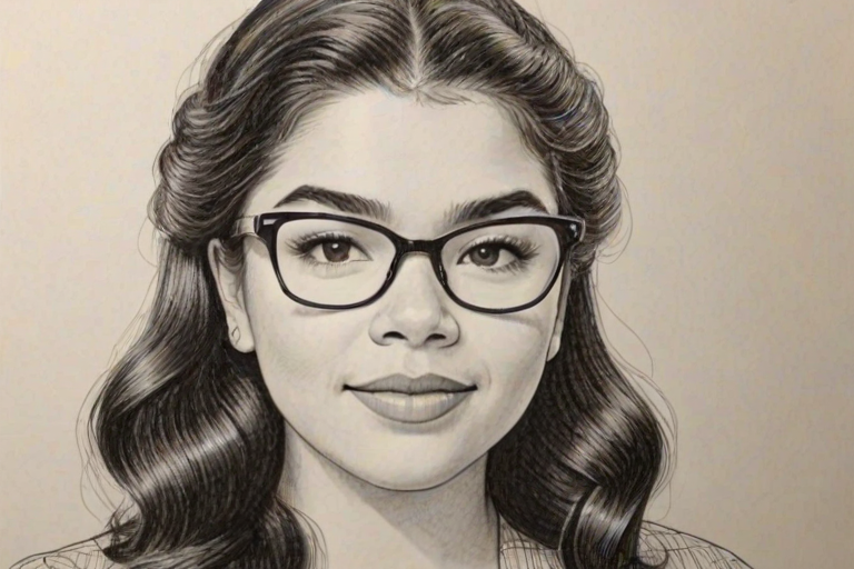 Dazzling Auli'i Cravalho, pencil sketch, portrait of Sublime woman 1954s in glasses, hair style beatnik, outline, clear lines, fine lines, 8k