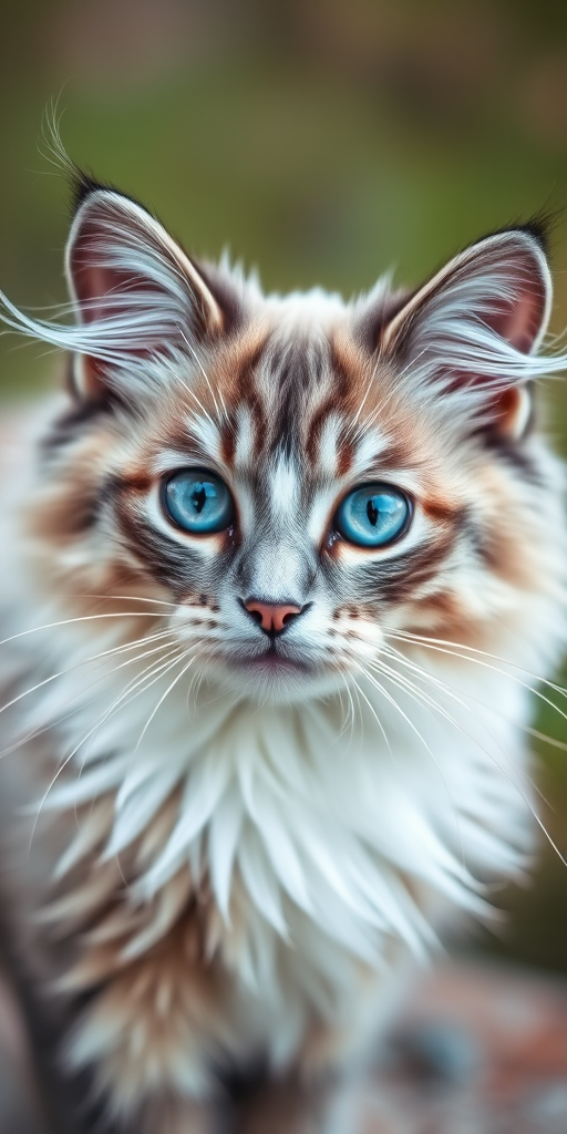 A close-up portrait of a fluffy grey and white cat with striking blue eyes, natural soft-focus background, shallow depth of field, taken with a DSLR camera, 50mm lens, aperture f/1.8, ISO 100, 1/200 sec.