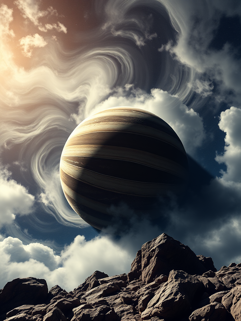Generate a realistic image of a rocky planet with swirling clouds and a dark atmosphere in space, using a DSLR camera with a 50mm lens, aperture f/1.8, ISO 100, shot at a low angle view with a high dynamic range for enhanced details and depth.