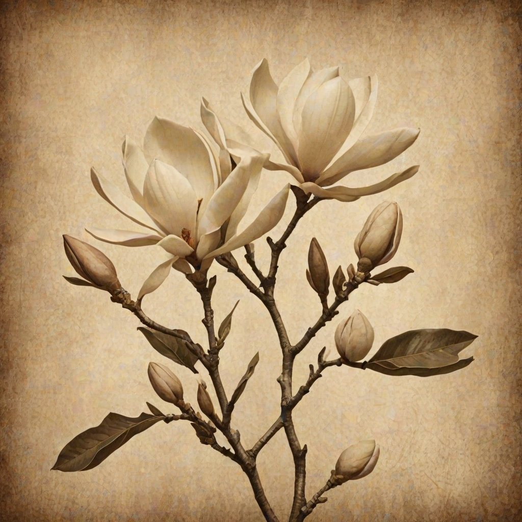 a vintage-style illustration of magnolia flowers on a textured background in sepia tones