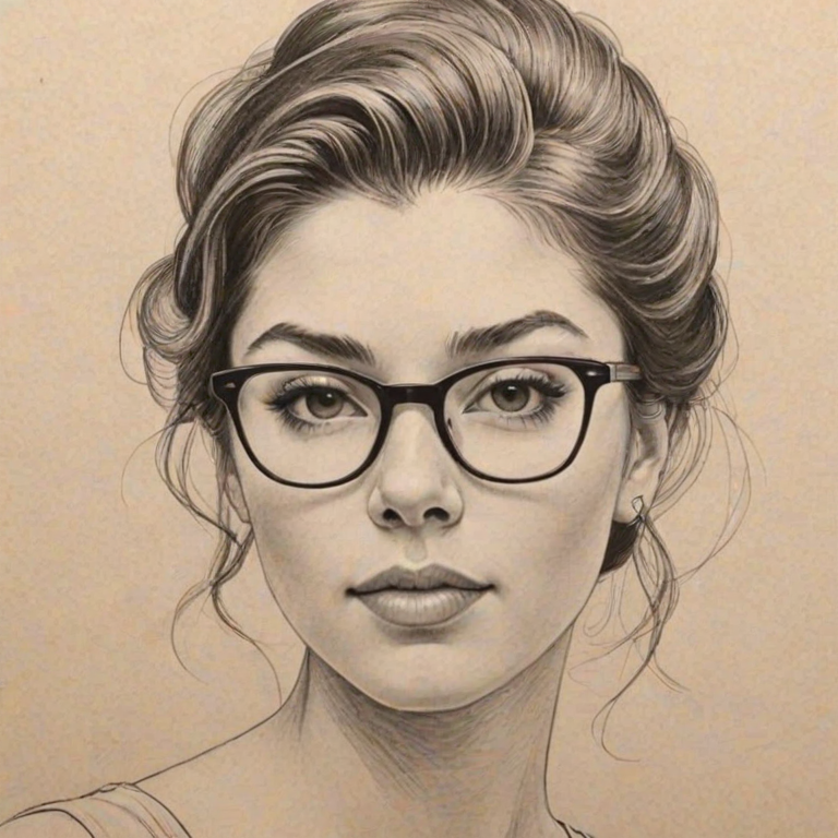Elegant Kira Kosarin, pencil sketch, portrait of Graceful woman 1958s in glasses, hair style beatnik, outline, clear lines, fine lines, 8k