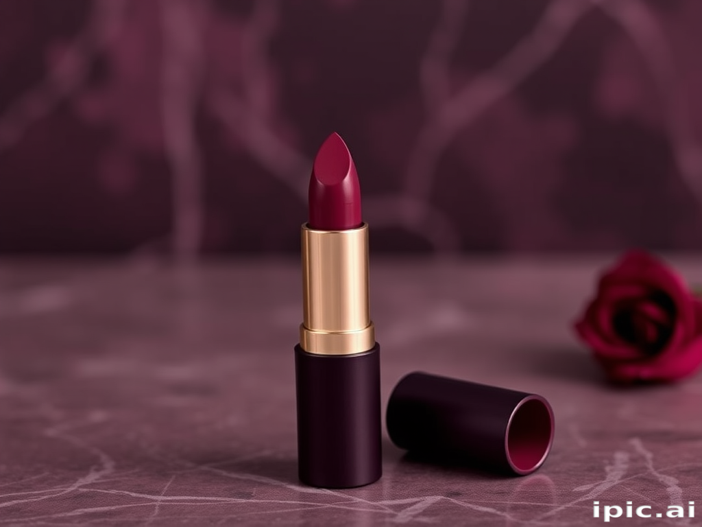 Deep plum satin lipstick "Velvet Twilight" with a creamy texture and rich color payoff, ideal for sophisticated evening looks and fall makeup, infused with nourishing ingredients