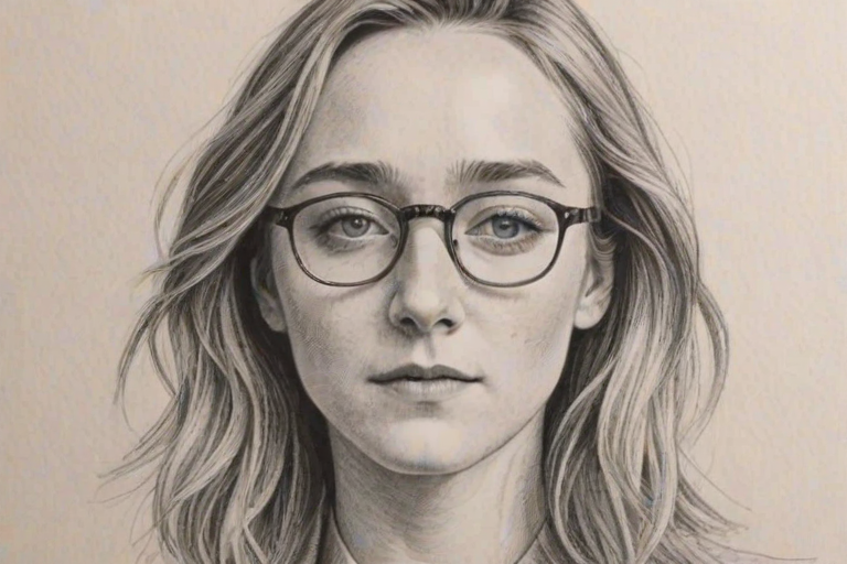 Ravishing Saoirse Ronan, pencil sketch, portrait of Attractive woman 1977s in glasses, hair style beatnik, outline, clear lines, fine lines, 8k
