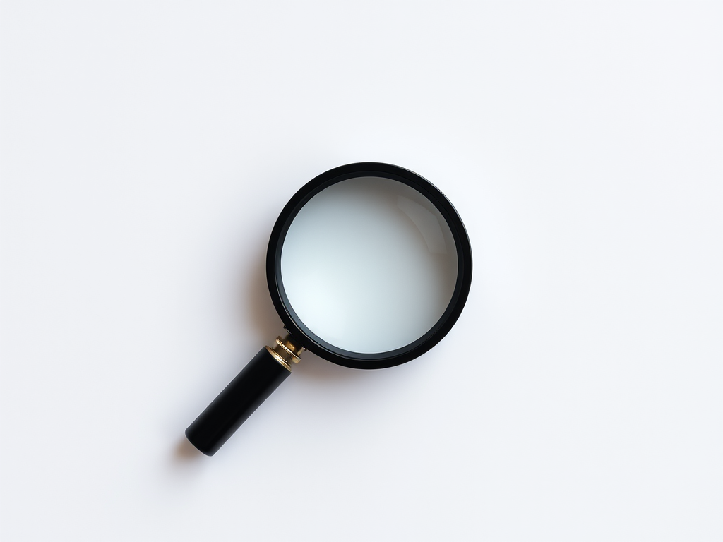 Create a high-resolution image of a magnifying glass icon on a clean background using a Canon EOS R5 camera with a 50mm lens at f/2.8, ISO 100, and a shallow depth of field, centered in the frame.
