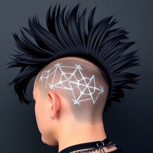 Dramatic jet black mohawk with shaved sides adorned with intricate silver geometric patterns, representing edgy punk rock style called Midnight Rebel