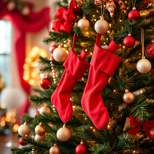 A beautifully decorated Christmas tree with red stockings and ornaments, soft focus background, warm lighting, camera settings: f/2.8, ISO 400, shutter speed 1/60s, angle view at eye level, using a DSLR camera with a 50mm lens.