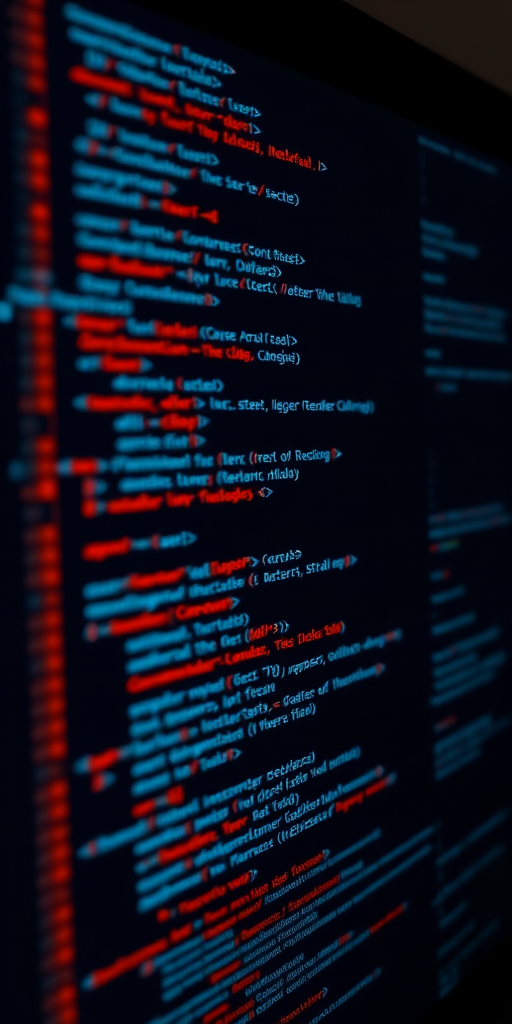 Generate an image of a computer screen displaying code snippets on a dark background, shot with a DSLR camera at f/2.8, ISO 100, shutter speed 1/60s, using a macro lens for detail, with a top-down view for depth and clarity.