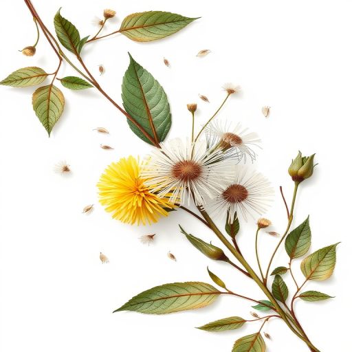 Create a detailed illustration of a floral design featuring dandelions and leaves on a white background, shot with a Canon EOS 5D Mark IV, ISO 200, f/8 aperture, 50mm lens, in natural light for enhanced color vibrancy and sharpness.