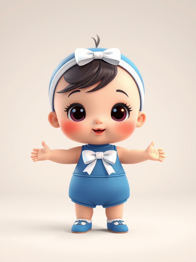 Create an illustration of a cartoon baby doll wearing a blue outfit with a white bow, standing with arms outstretched, shot in high resolution with a 50mm lens, f/2.8 aperture, ISO 100, and a soft focus background to enhance detail and clarity.