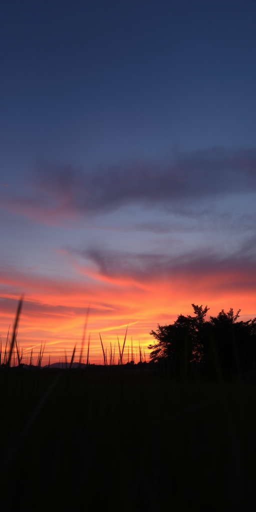 Create a high-resolution image of a serene landscape at sunset with vibrant colors in the sky, using a Canon EOS R5 with a 24-70mm f/2.8 lens, ISO 200, aperture f/8, shutter speed 1/125 sec, captured from a low angle view for depth and perspective.