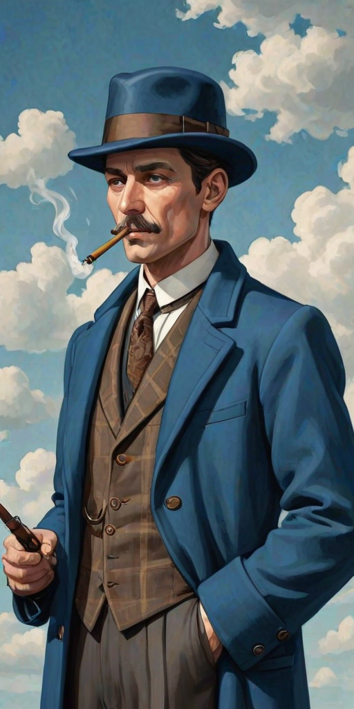 a stylized illustration of a man wearing a large blue coat with checkered pockets, a bowler hat, and smoking a pipe, set against a simple background with a hint of clouds