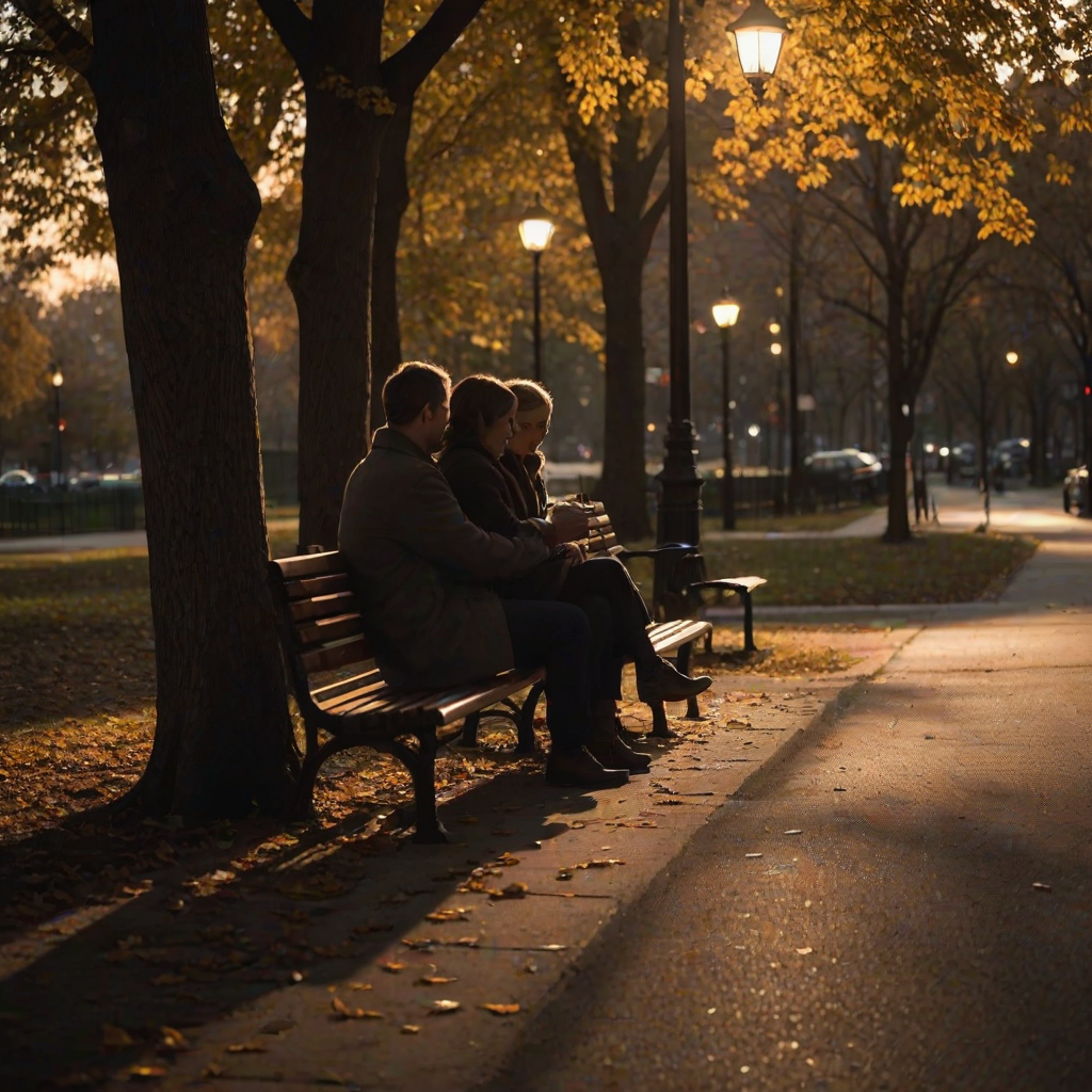 Low-light, intimate photo of a couple sitting together on a park bench at sunset, softly lit by a nearby streetlamp, leaves gently falling around them, their hands intertwined, shadows from the trees surrounding them, a distant city skyline barely visible on the horizon.