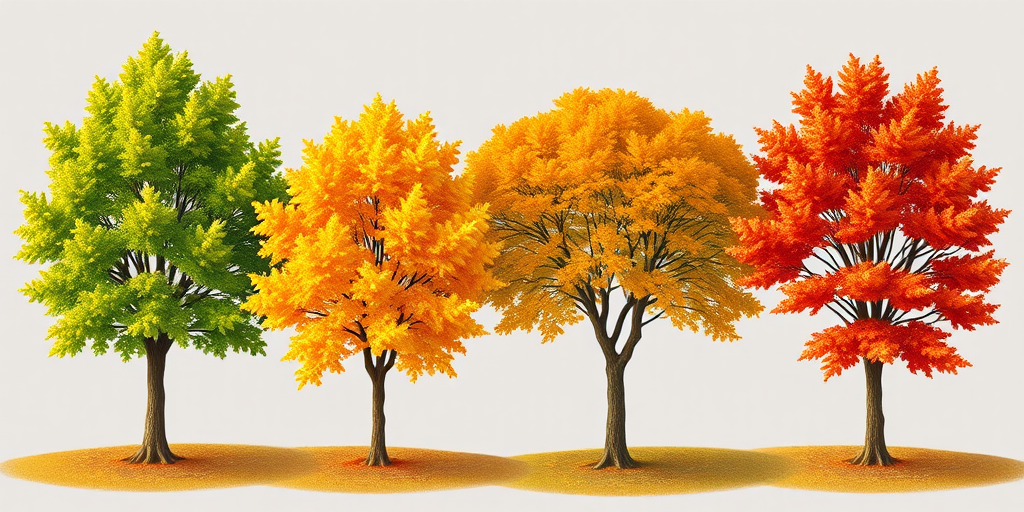 Create a detailed illustration of four trees in different stages of autumn foliage with vibrant colors, including green, yellow, orange, and red leaves, shot from a slightly elevated angle using a 50mm lens, f/8 aperture, 1/250 shutter speed, and a DSLR camera for maximum clarity and depth.