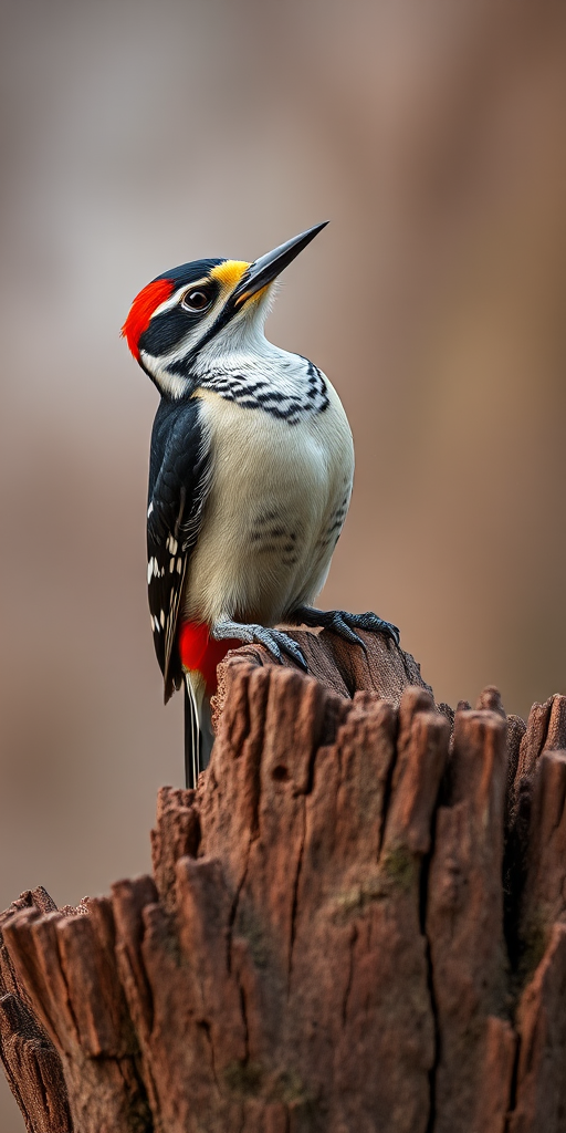 Capture a close-up shot of a woodpecker perched on a weathered stump with a soft blurred background, using a Canon EOS 5D Mark IV, 100mm f/2.8 macro lens, aperture f/4, ISO 200, shutter speed 1/200 seconds, natural light for enhanced detail and vibrant colors.