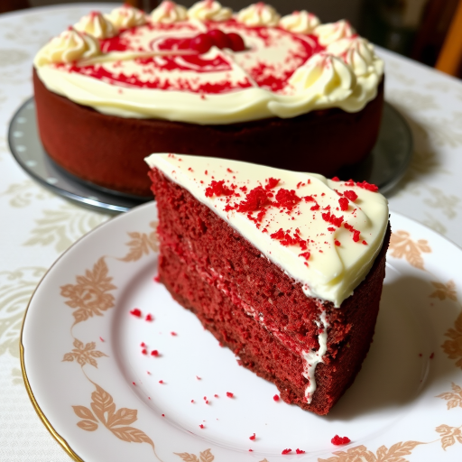 A slice of red velvet cheesecake with a creamy white frosting on top and red velvet crumbs sprinkled around, served on a decorative plate, with the whole cheesecake visible in the background on a patterned tablecloth.