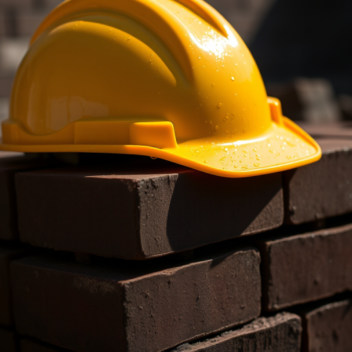 A close-up shot of a wet yellow hard hat resting on a stack of dark bricks, glistening in the sunlight with water droplets, taken with a DSLR camera, 50mm lens, f/2.8 aperture, ISO 100, natural lighting for enhanced image quality.